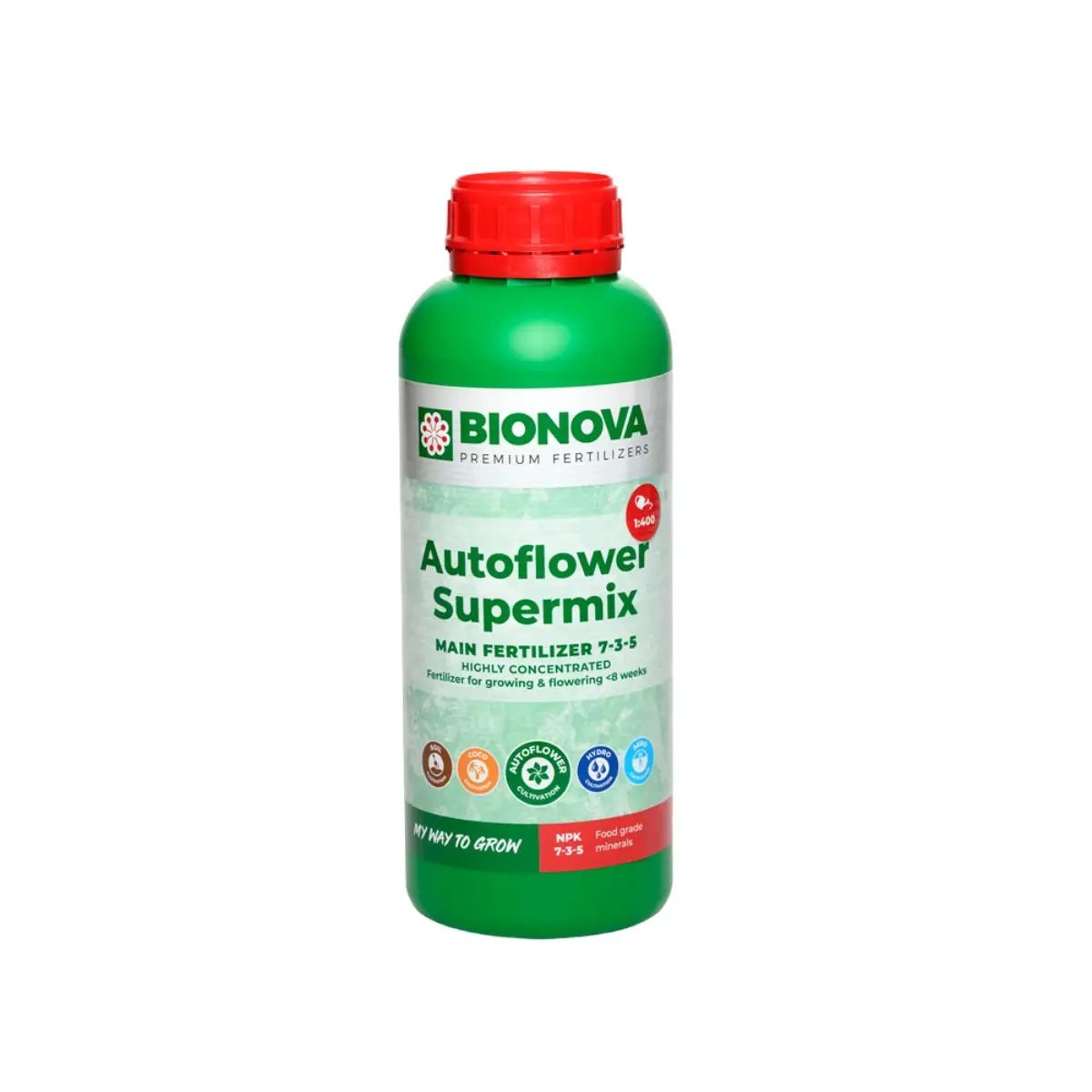 L'engrais minéral pour plantes à autofloraison Bionova Autoflower Supermix, en bouteille de 250ml