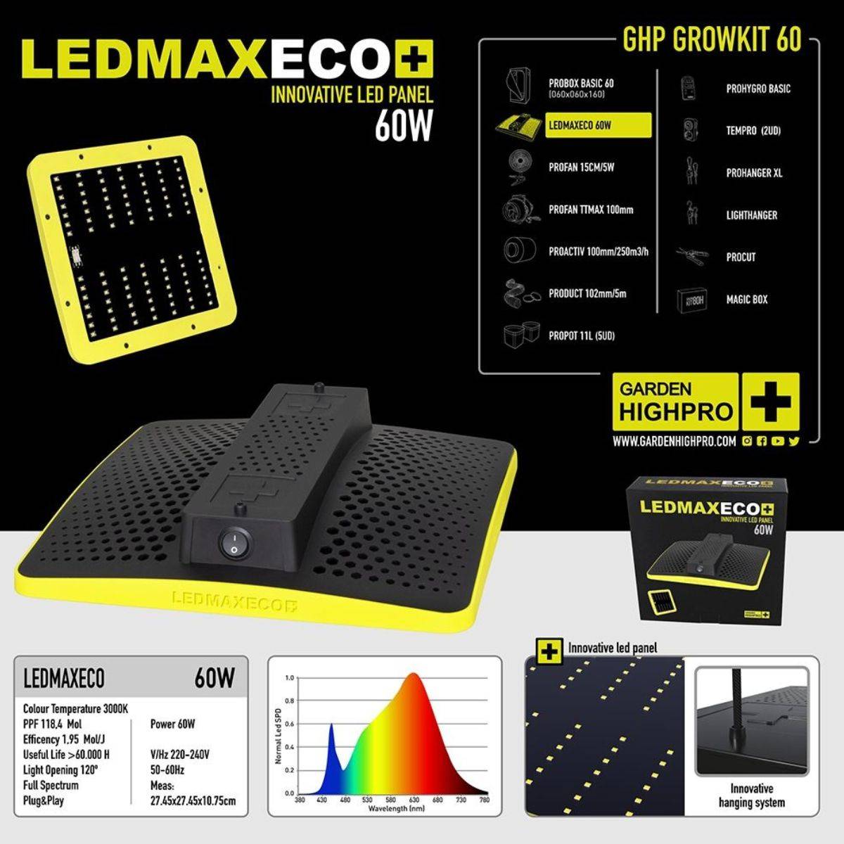 Panneau LED Ledmaxeco 60W Garden HighPro - Éclairage à spectre complet pour la croissance et la floraison.