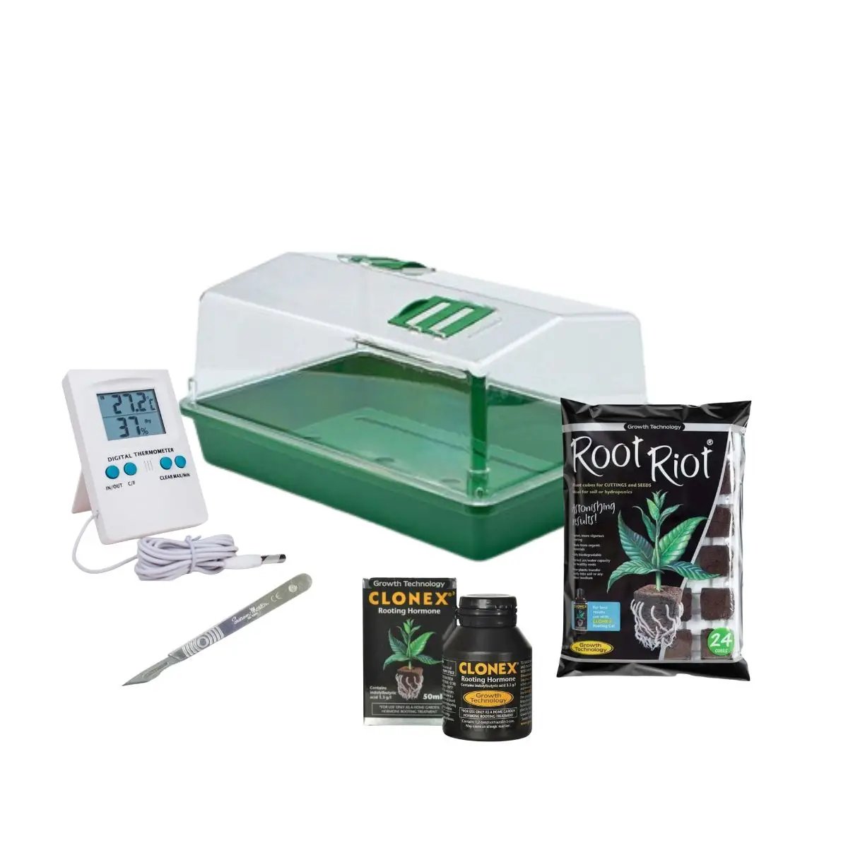 Kit de bouturage comprenant une mini-serre verte avec aérations réglables, un thermomètre digital avec sonde, un scalpel stérile, des cubes de germination Root Riot (24 pièces), et une hormone de bouturage Clonex (50 ml)