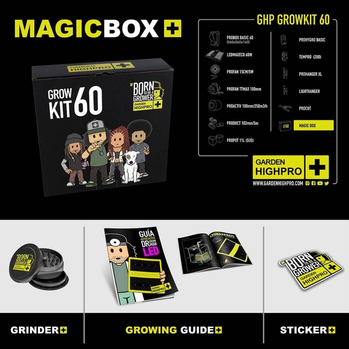 Kit Magic Box Garden HighPro - Comprend un grinder, un guide de culture et un autocollant Born to Be a Grower.