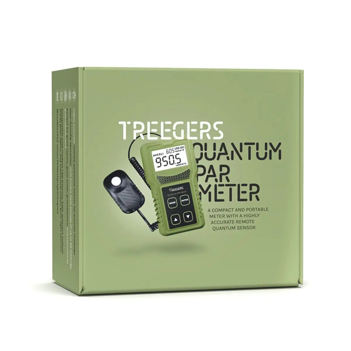 Packaging du Treegers Quantum PAR Meter, un appareil compact et portable avec un capteur quantique précis pour la mesure de la lumière horticole.