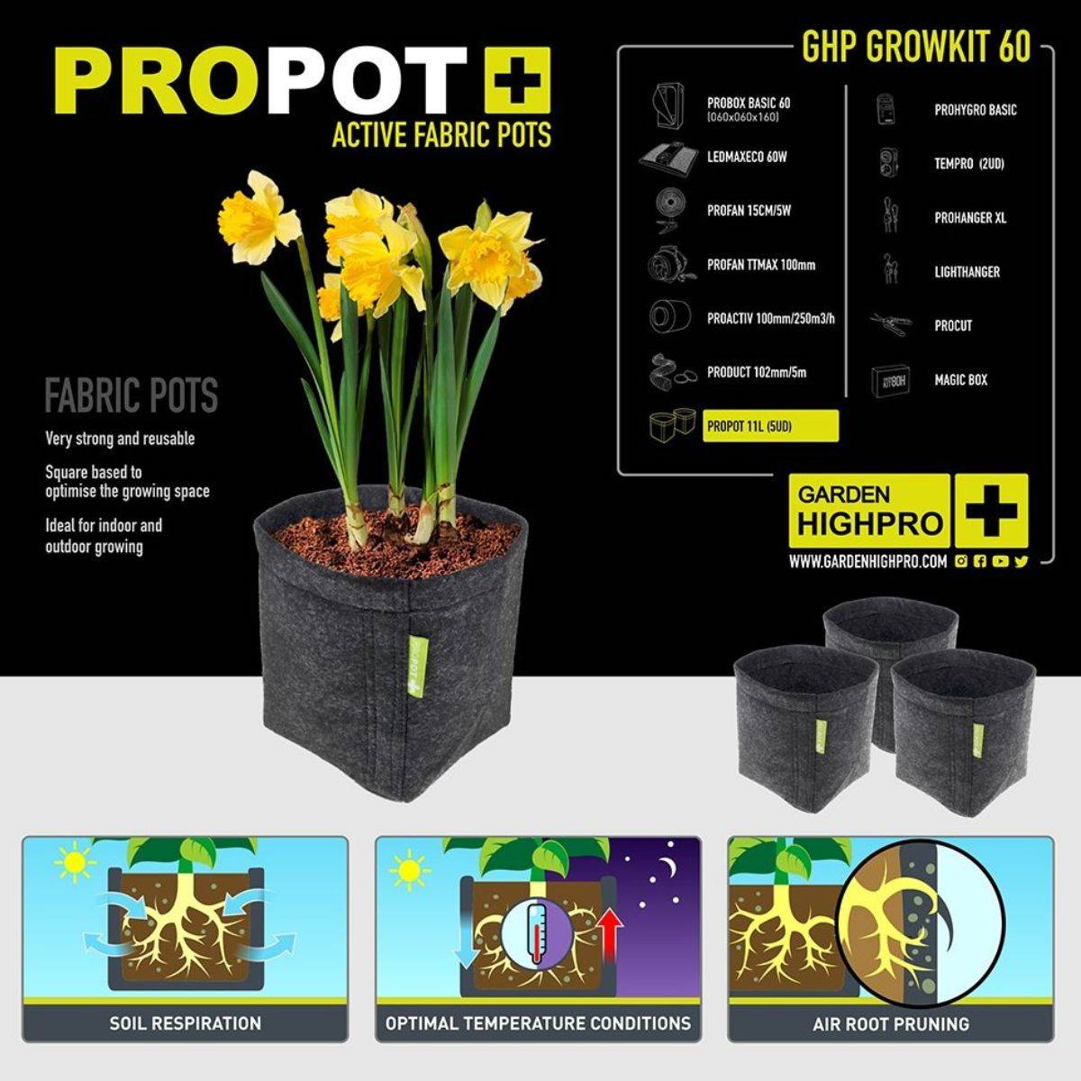 Lot de 5 pots géotextiles Propot 11L Garden HighPro - Aération optimale et croissance des racines.