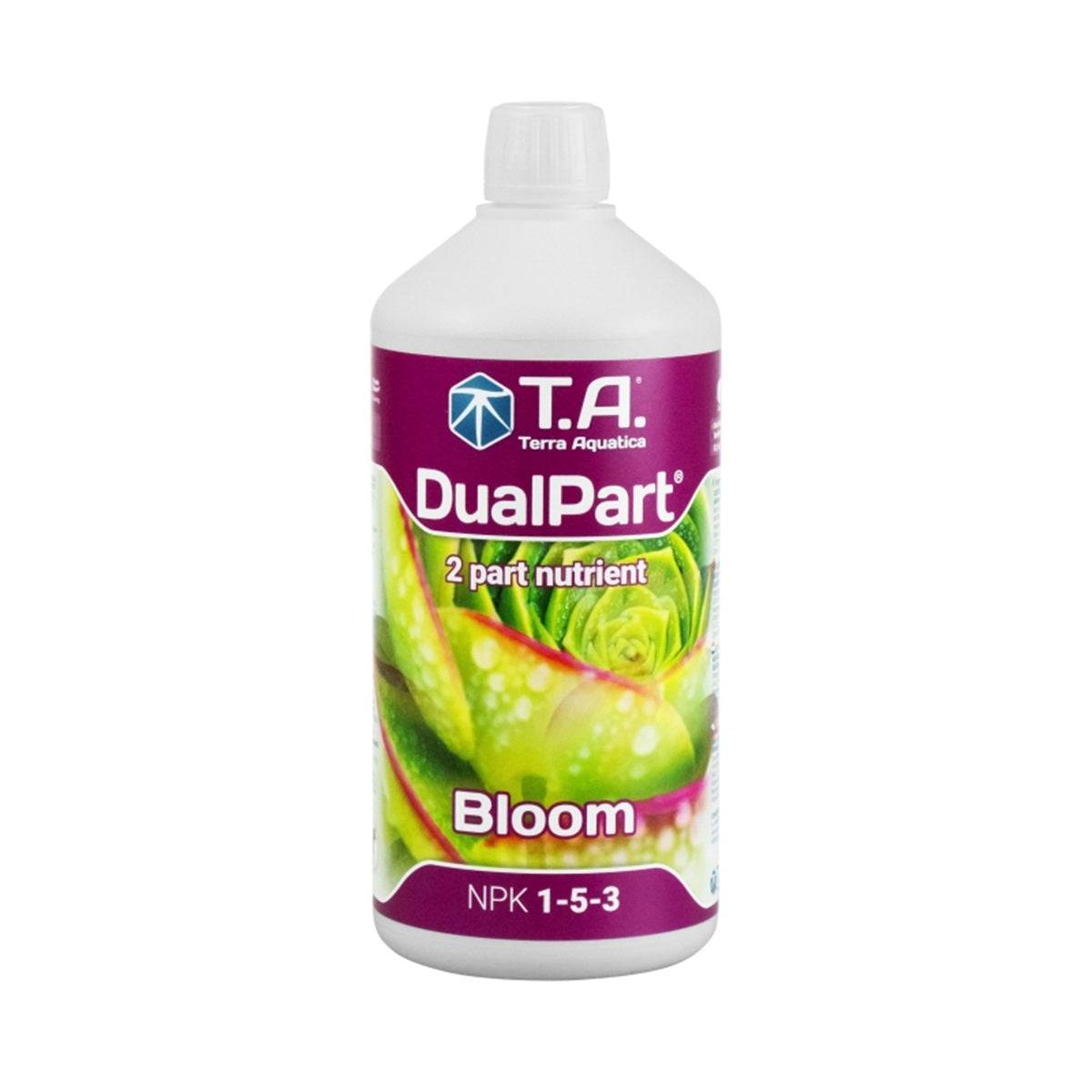 Une bouteille de 1 litre de Terra Aquatica DUALPART Bloom, engrais minéral riche en phosphore et potassium, optimisant la floraison et la production de fruits pour des rendements élevés.