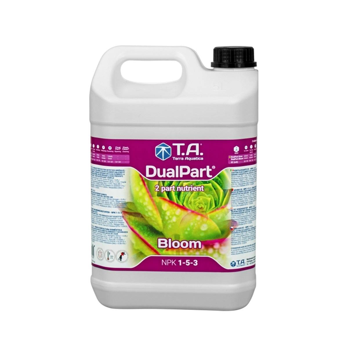 Bouteille de 5 litres de DUALPART Bloom, un engrais minéral conçu pour stimuler la floraison des plantes. Idéal pour la culture hydroponique et en terre, riche en phosphore et potassium pour des fleurs abondantes et des fruits de qualité supérieure.