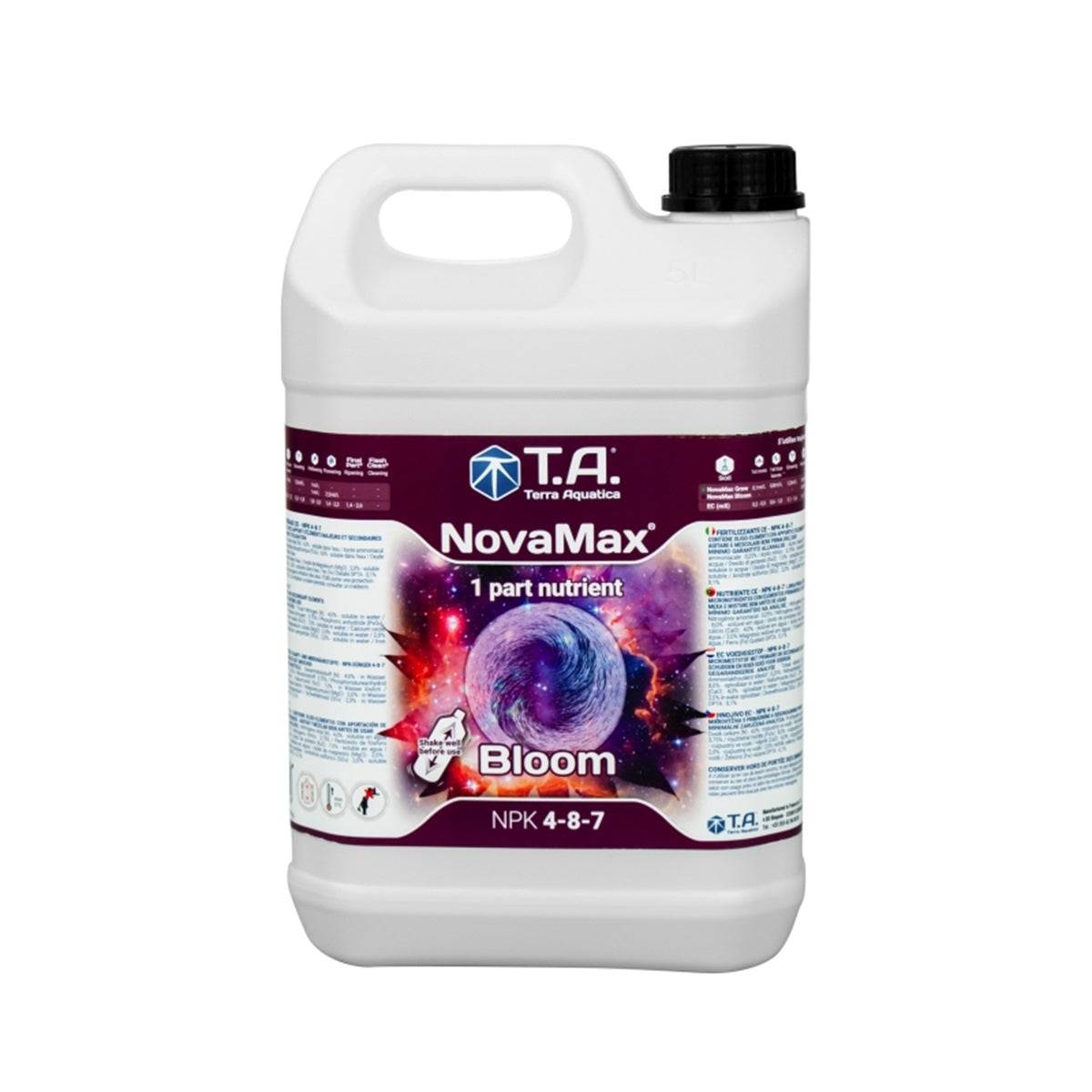 Bidon de 5 litres de Terra Aquatica Nova Max Bloom, engrais minéral NPK 4-8-7 pour stimuler la floraison et obtenir des fruits de qualité.