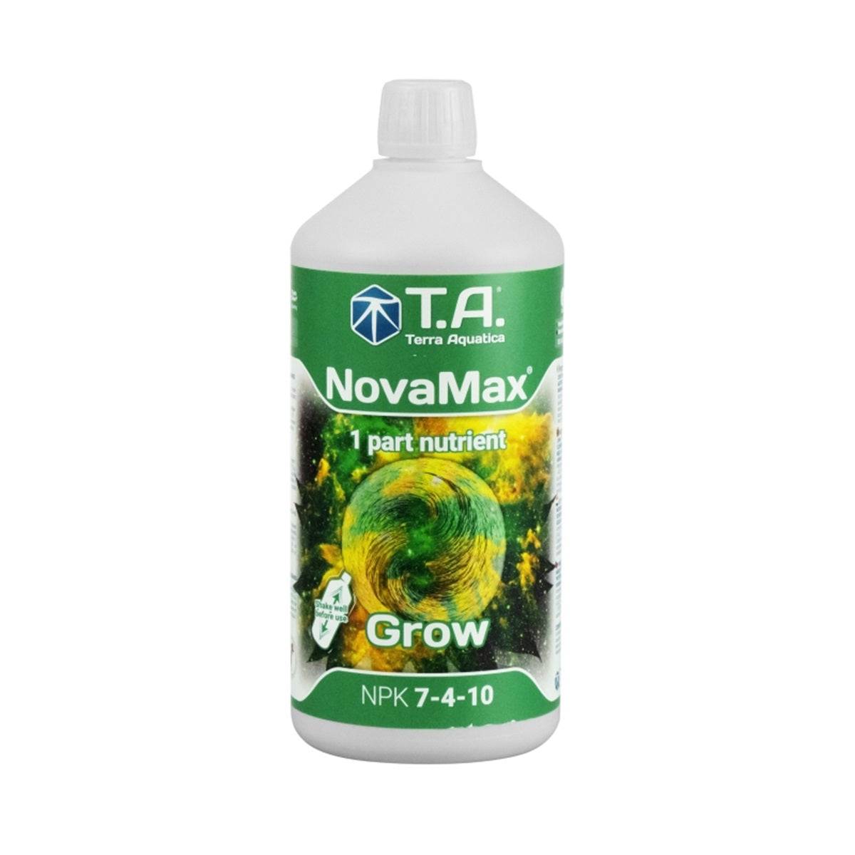 Bouteille de 1 litre de NovaMax Grow, un engrais minéral concentré NPK 7-4-10, conçu pour stimuler la croissance des plantes en hydroponie, terre et fibre de coco