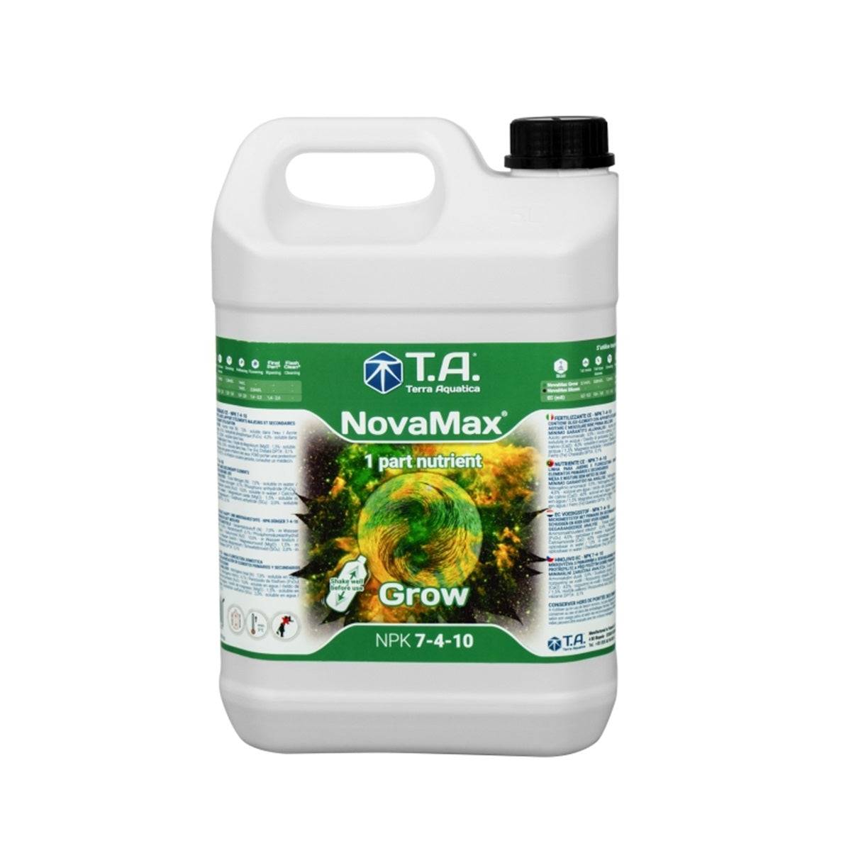 Bidon de 5 litres de Terra Aquatica NovaMax Grow, un engrais minéral complet et puissant pour une croissance optimale en hydroponie, terre et coco. Idéal pour maximiser les rendements.