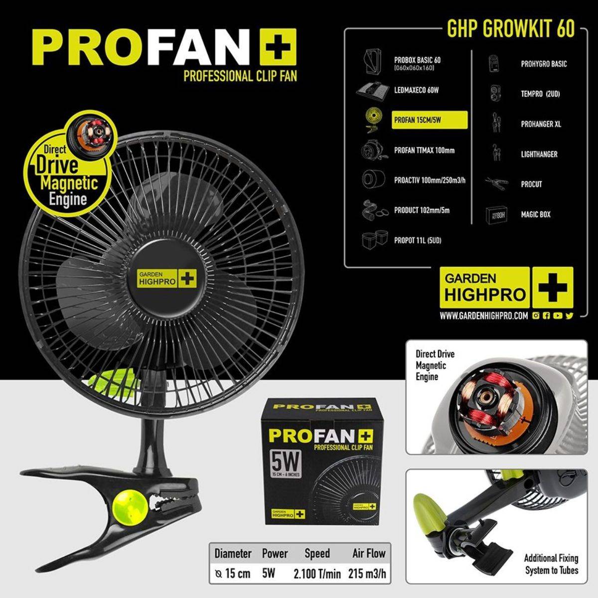 Ventilateur à clip Profan 15cm/5W Garden HighPro - Circulation d'air optimale dans les espaces de culture.