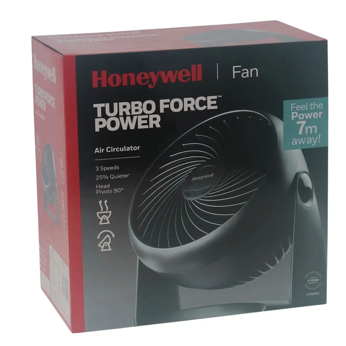 Emballage du ventilateur TurboForce Honeywell, mettant en avant ses 3 vitesses et sa portée de 7 mètres.